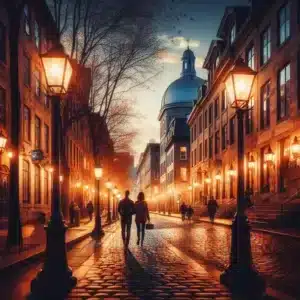 Couple walking in charming cobblestone street.